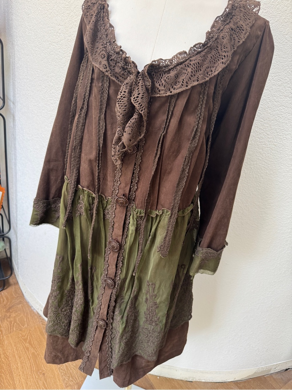 NWT Pretty Angel Fairy 🧚🏻 Olive Green Brown Layered Lace Tunic Mini Dress XL - Picture 4 of 6